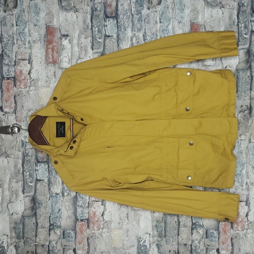 LOVE TREE Women's Utility Farmcore Cinch Waist Pockets Mustard Yellow Coat Large